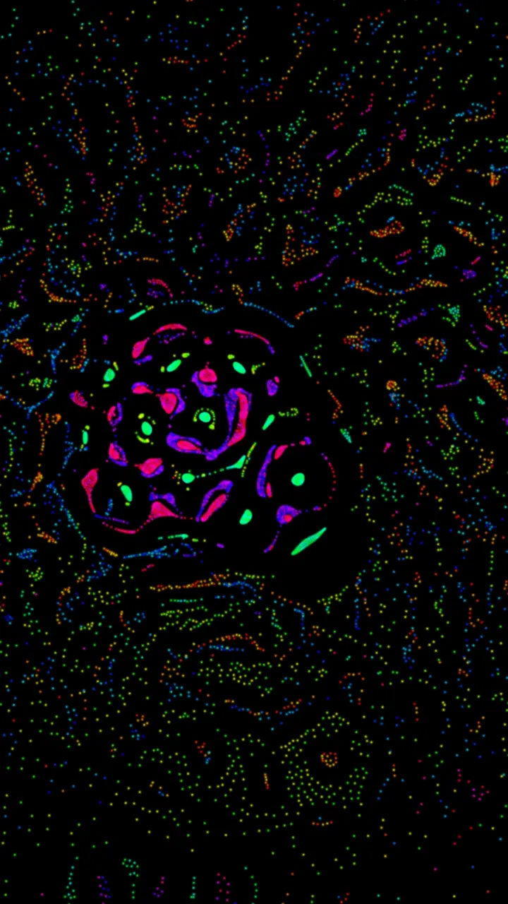 Estructuras en roseta de colores generadas por Enjambre en formato vertical