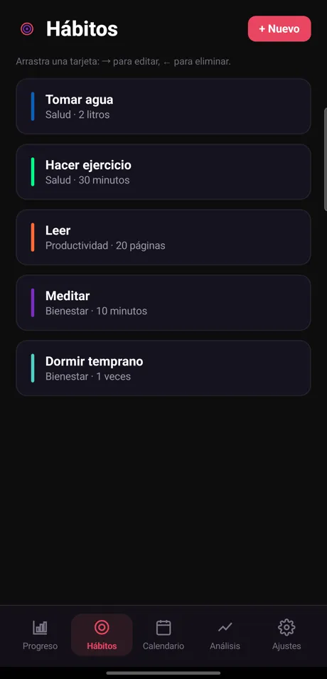 Pantalla de hábitos de Marco: cinco hábitos con su categoría y su meta diaria