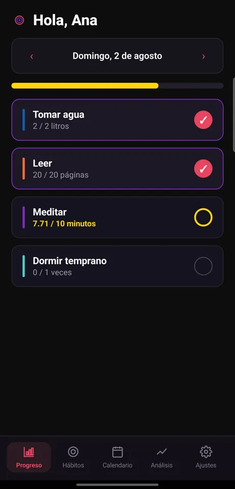 Pantalla de progreso diario de Marco: lista de hábitos del día con un hábito completo, otro a medias y la barra del día en ámbar