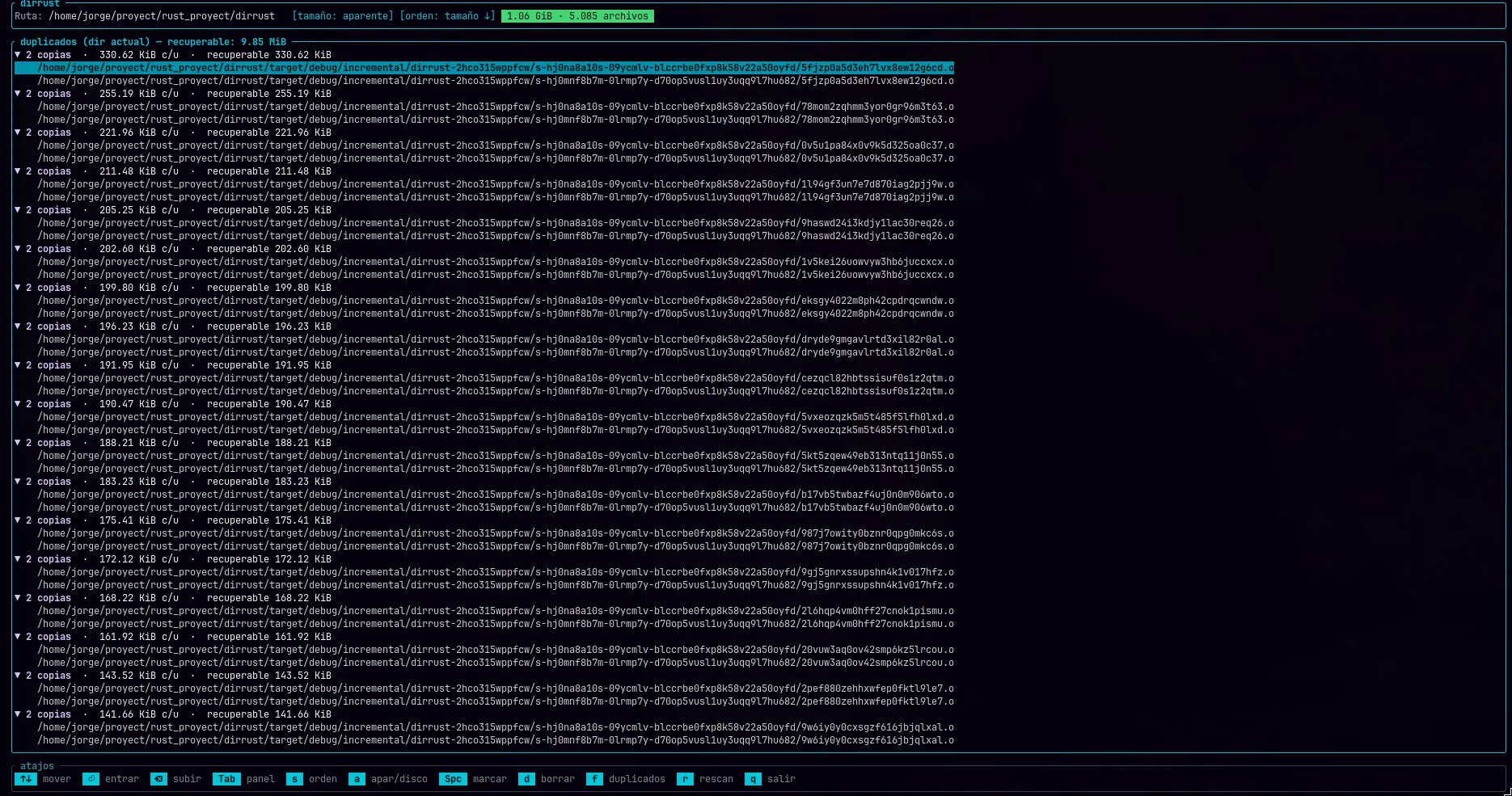 Vista de duplicados de dirrust: grupos de archivos con contenido idéntico detectados por hash